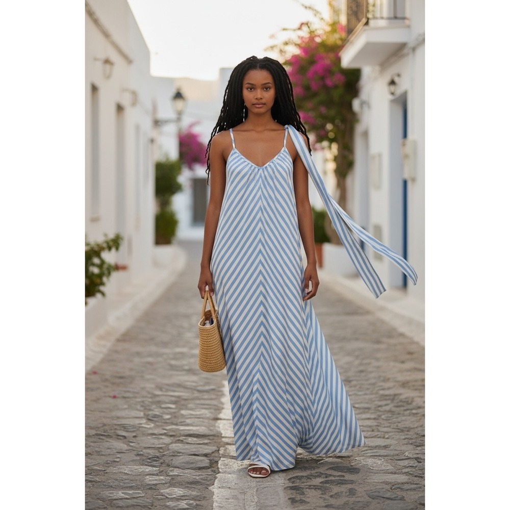 Pari Passu Maxi Dress Women 5 Blue White Excellent Striped Linen Blend Santorini